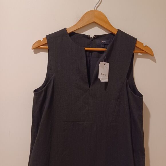 NWT Theory FT Slit Shift Sleek Crunch Sleeveless Linen Dress Black Career Size 6 - Picture 2 of 7